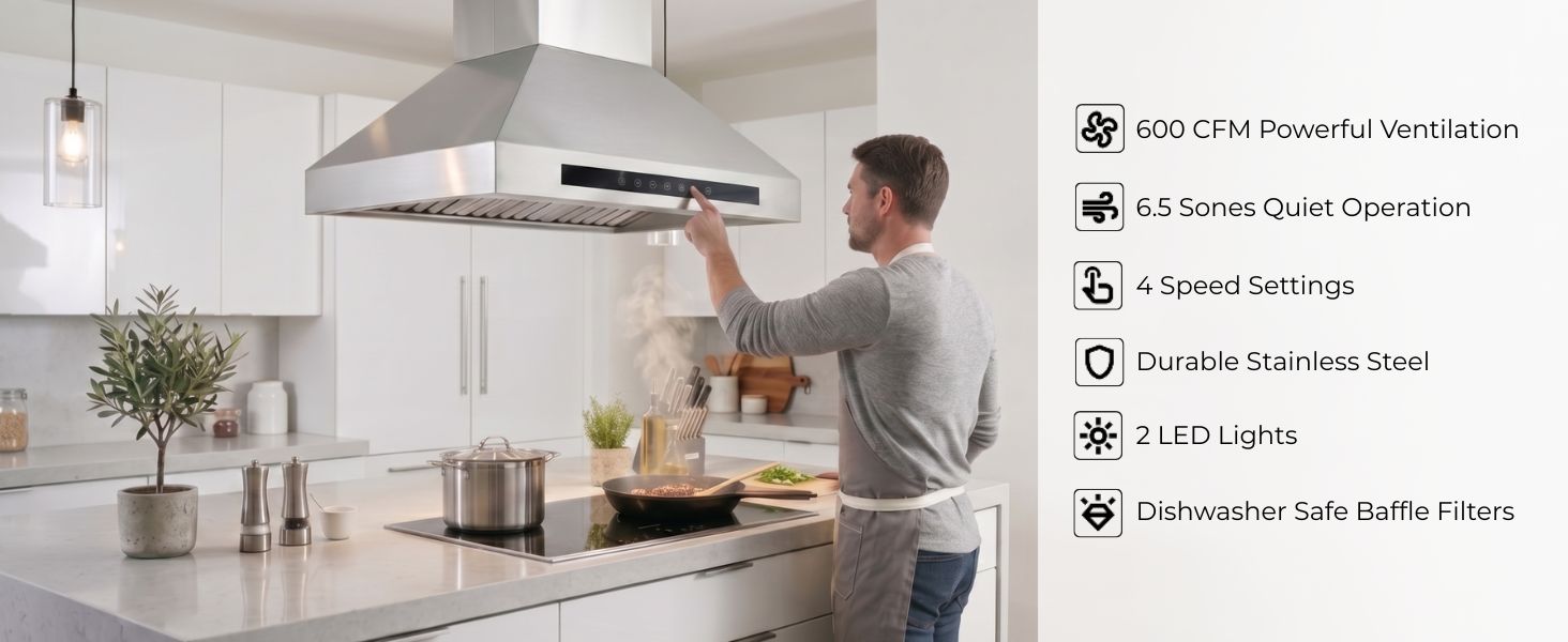 plji 102 island range hood product image and man cooking on range using range hood