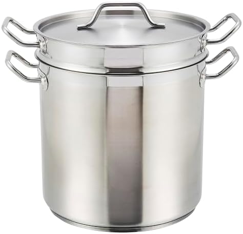 Winco 16 qt Stainless Steel Double Boiler with Cover | Gentle heat prevents scorching, Secure riveted handles, Induction compatible