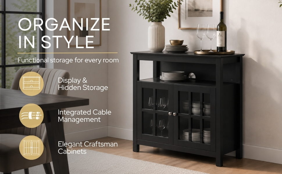8066070 Big Sur Highboy TV Stand with Storage Cabinets - Black - Callouts