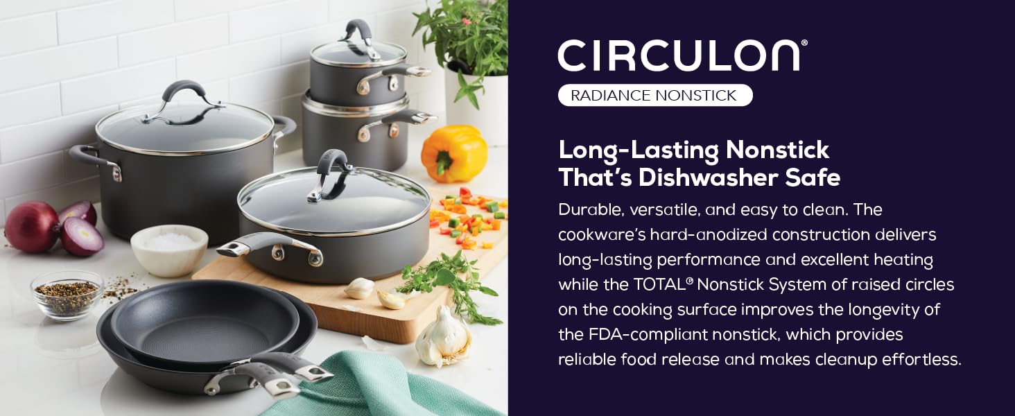 Hard anodized cookware set on kitchen counter with vegetables