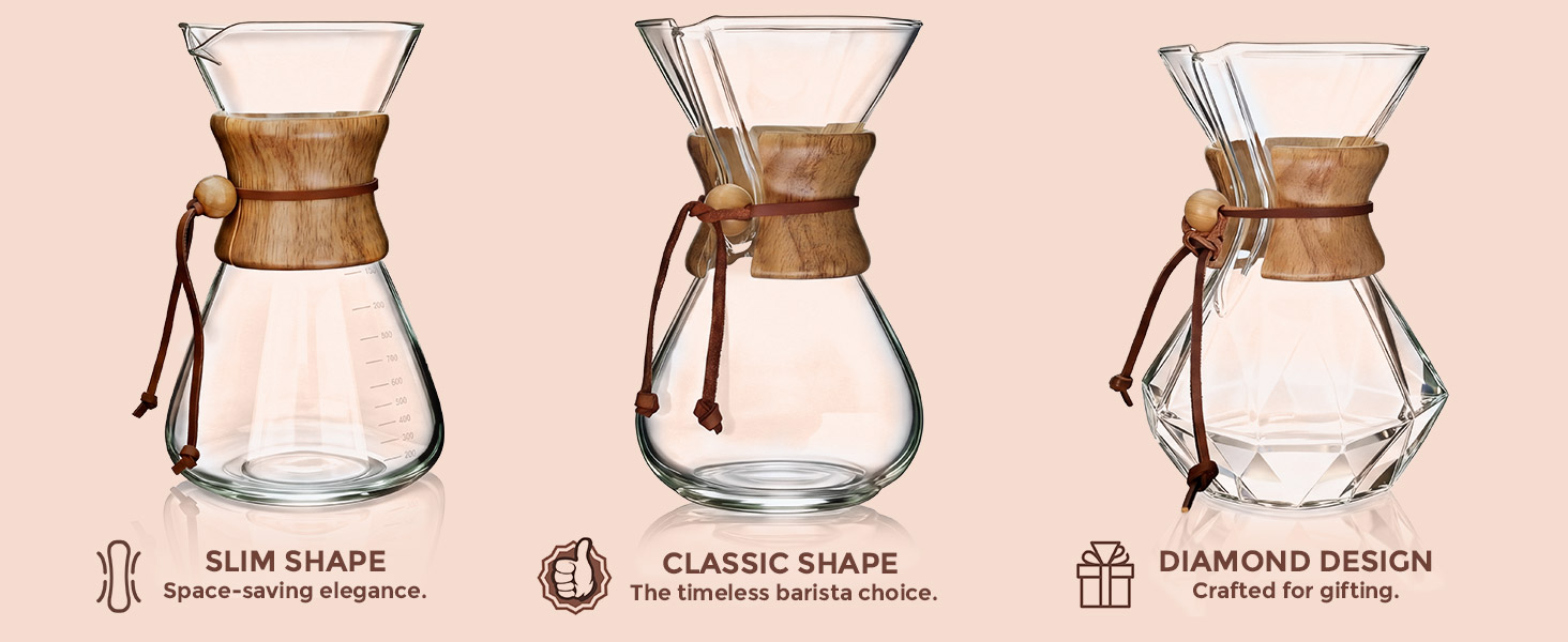 Elegant AGOGO pour over glass carafes in slim, classic barista, and diamond gift design shapes