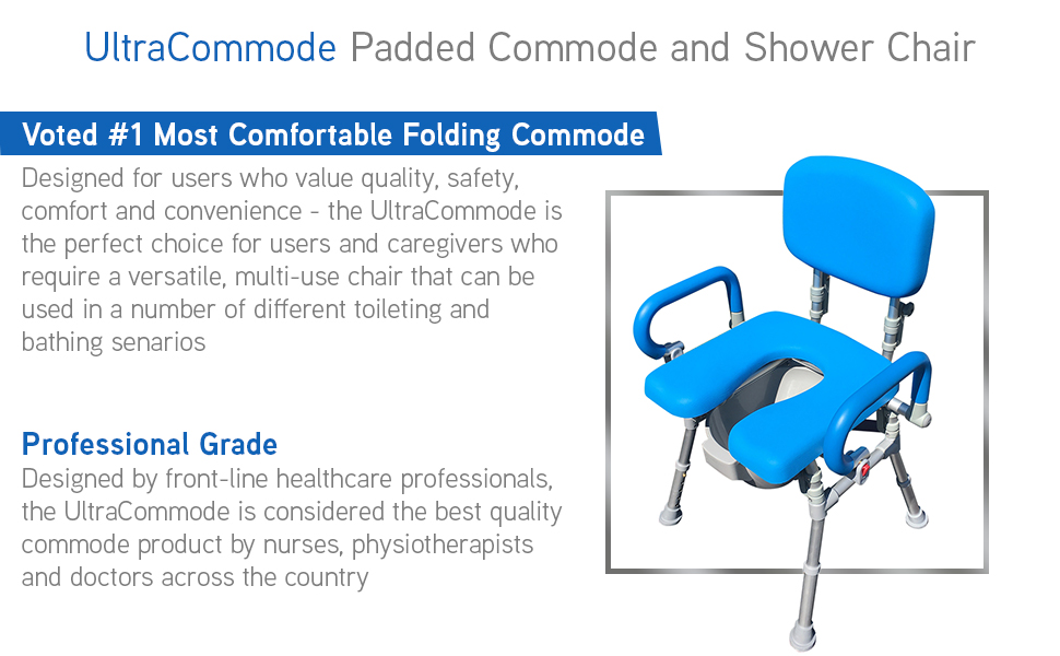 Ultra Commode premium padded and folding commode/shower chair. Voted #1 most comfortable