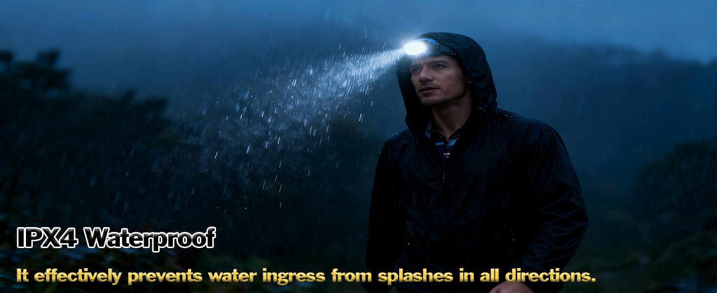 The head lamp is IPX4 waterproof rated, meaning it offers protection against water splashes