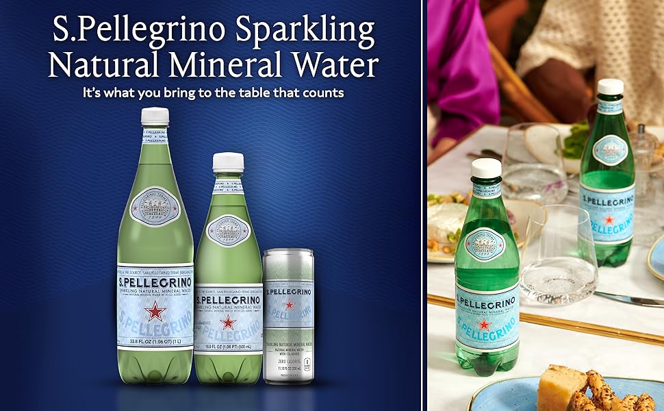 A dinner table set with bottles of San Pellegrino sparkling mineral water and glasses