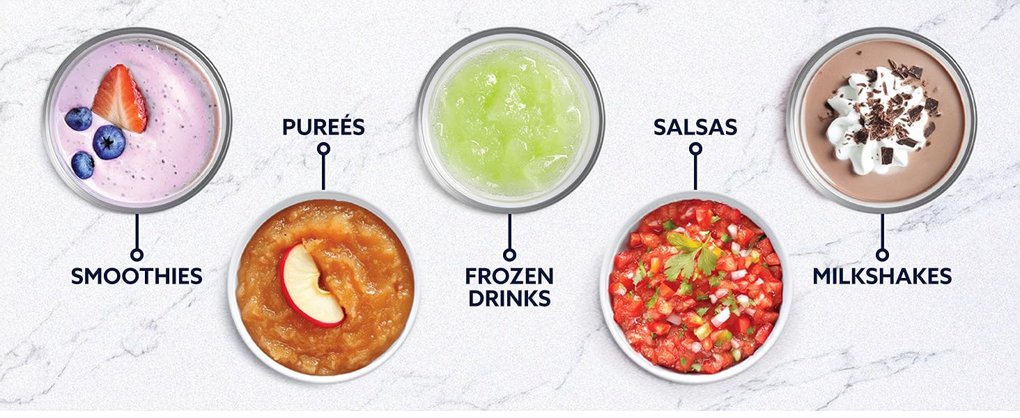 Five bowls showing blender uses: smoothies, purees, frozen drinks, salsas, milkshakes
