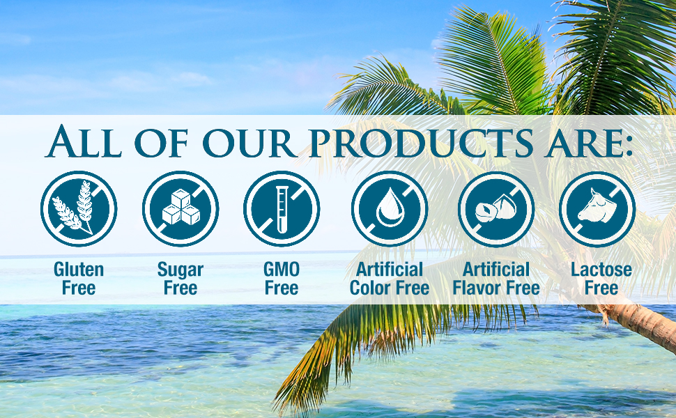 gluten free, sugar free, GMO free, artificial color free, artificial flavor free, and lactose free