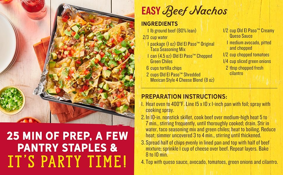 Make easy beef nachos with taco seasoning mix, green chiles, tortilla chips, and more