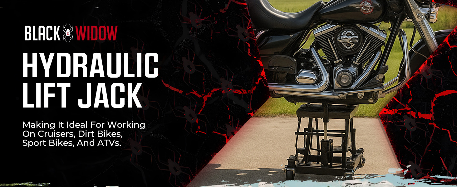 Motorcycle on Black Widow Pro Aluminum Dolly in a garage with bold product branding on display.