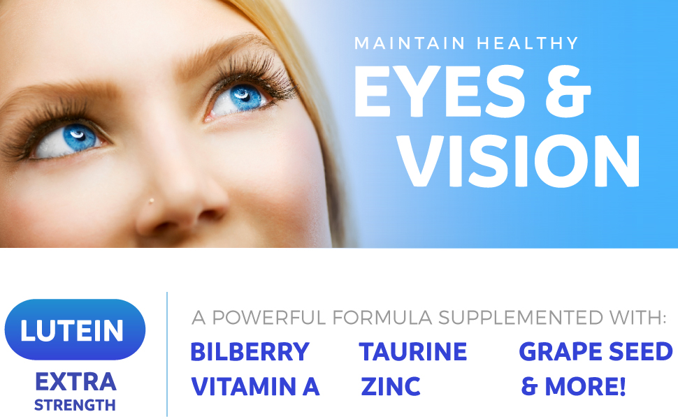 Eye &amp; Vision support with Bilberry, Tuarine, Lutein, Grape Seed Extract, Zinc, Beta Carotene