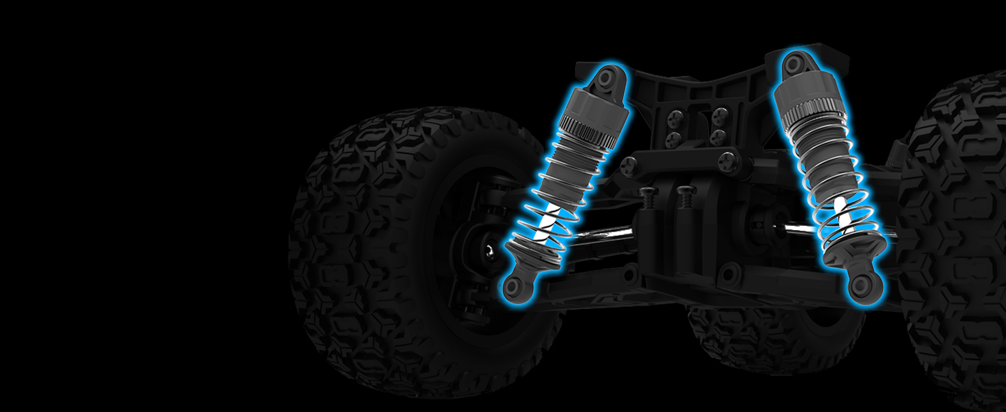 Technical product rendering showing pair of blue-highlighted shock absorbers or suspension components against dark background with mechanical parts visible.