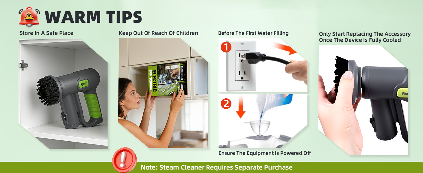 Phueut Electric Spin Warm Tips: Safe Storage, Keep Away from Kids, Power Off Before Water Filling