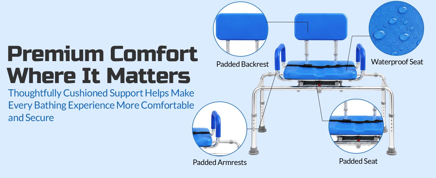 Platinum Health Carousel Sliding Shower Chair Tub Transfer Bench with Swivel Seat, Premium Padded