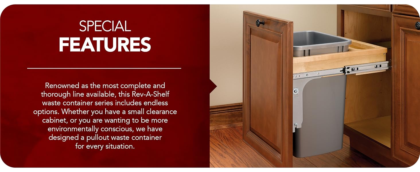 Pullout waste container shown installed in cabinet with text describing product features.