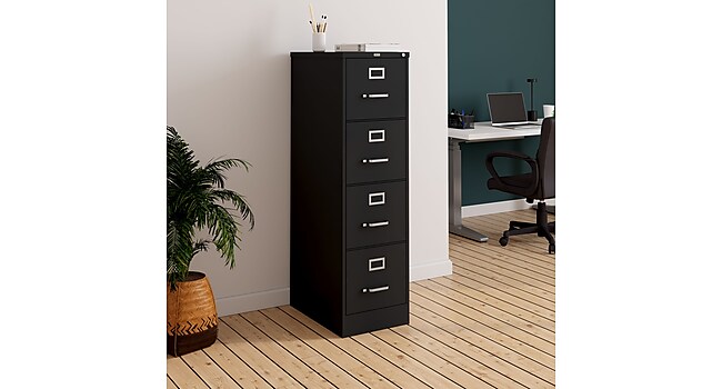 front side view of black 4 drawer file cabinet in office setting