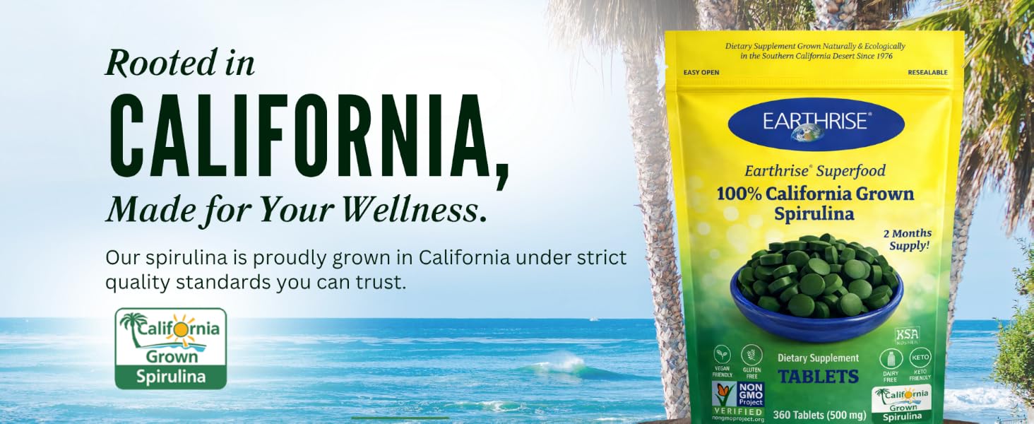 Earthrise California-grown spirulina tablets with California Grown certification.