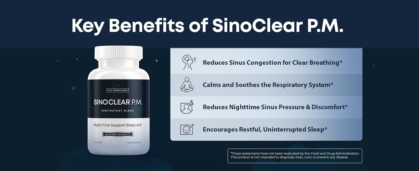 SinoClear PM benefits include sinus congestion relief, respiratory calm, and uninterrupted sleep