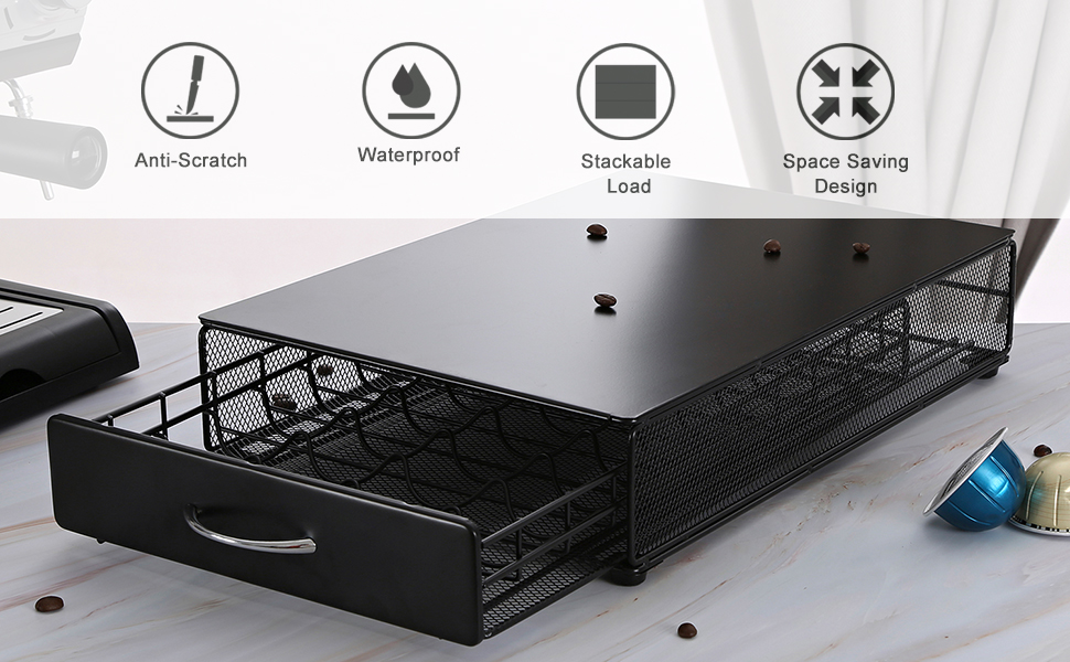 Black metal coffee pod holder with a flat top surface and wire basket underneath. Four icons indicate product features: anti-scratch, waterproof, heavy load, and space-saving design.