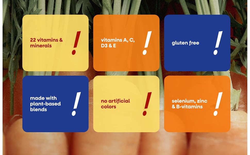 Yellow, orange, blue text boxes on top of a carrot background