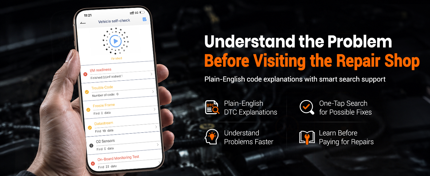 ANCEL BD310 provides DTC explanations and smart search to help drivers understand vehicle issues.