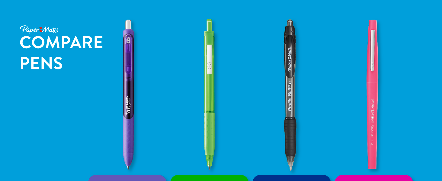 compare pens blue background purple inkjoy gel green ballpoint black profile pink flair features
