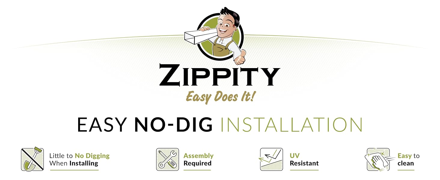 Zippity Outdoor Products graphic highlighting easy no-dig fence installation and simple assembly