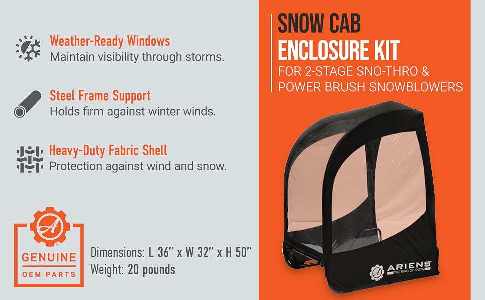 A close up of a snow cabin with features. Text reads: Snow Cab Enclosure Kit.