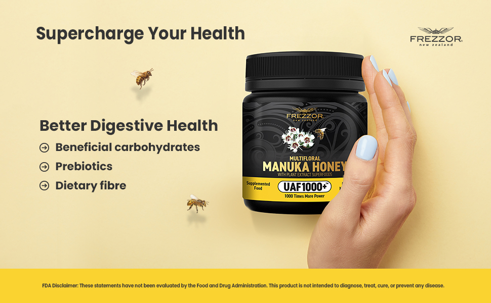 FREZZOR Premium Raw Multifloral Manuka Honey New Zealand with UAF1000+ Super Antioxidant infused