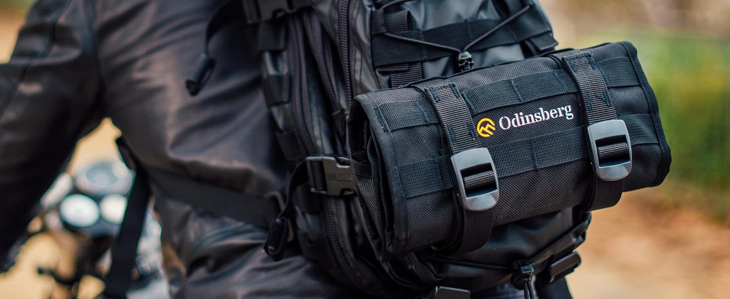 Mjolnir motorcycle rolling tool bag straped to backpack