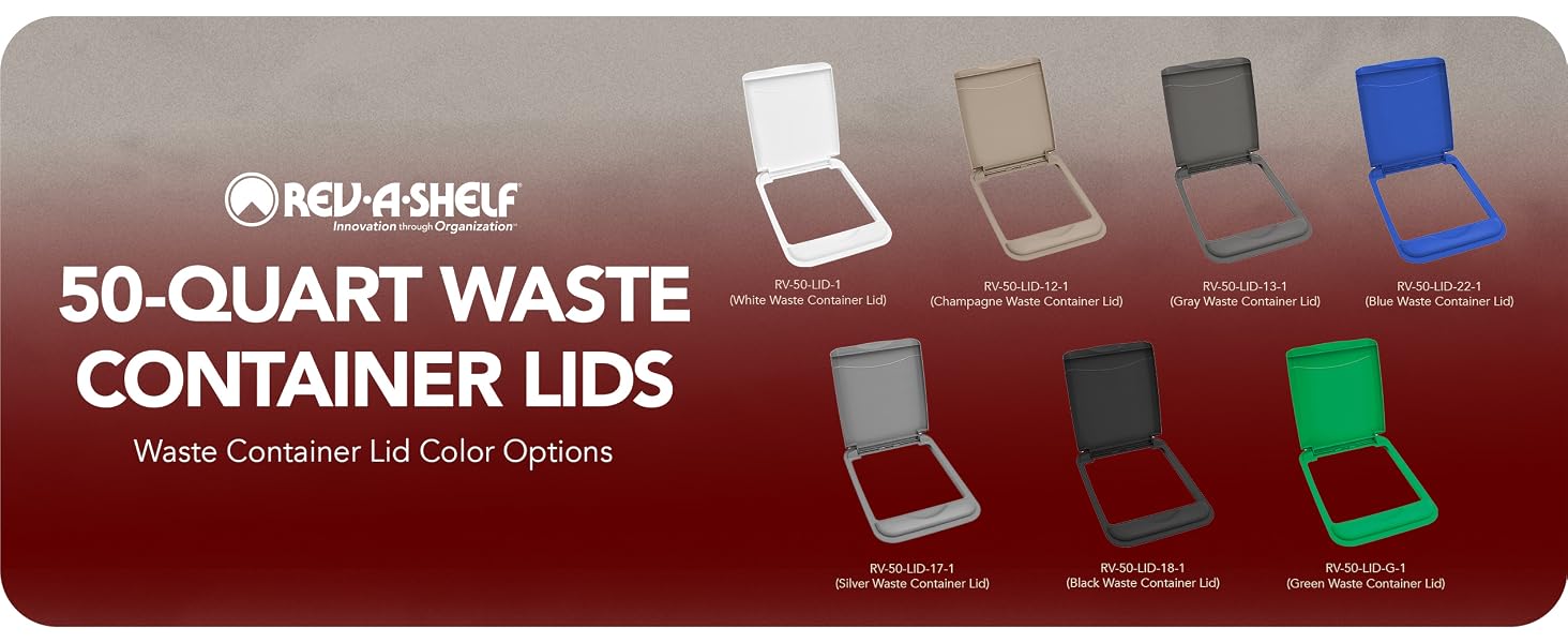 The different colors available under 50 quart lids. Text Reads: 50-Quart Container Lids.