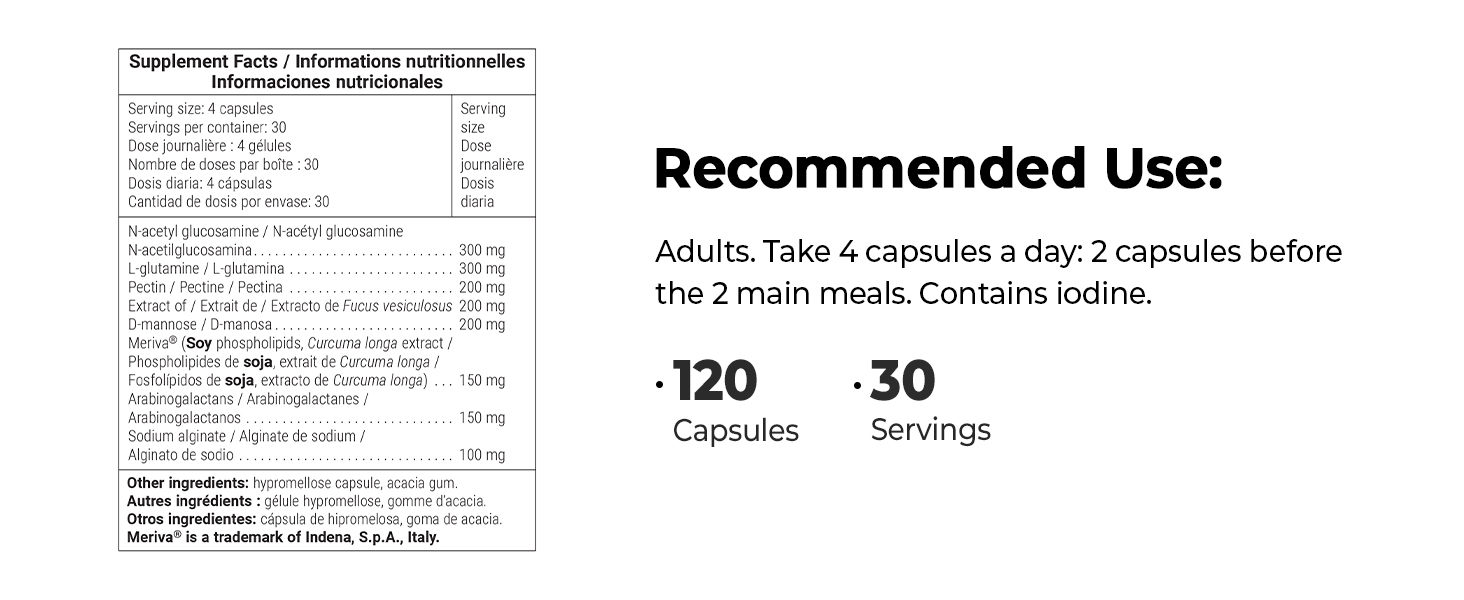 Supplement Facts Iodine N-Acetyl L-Glutamine Pectin Meriva D-Mannose Sodium Alginate 120 Capsules