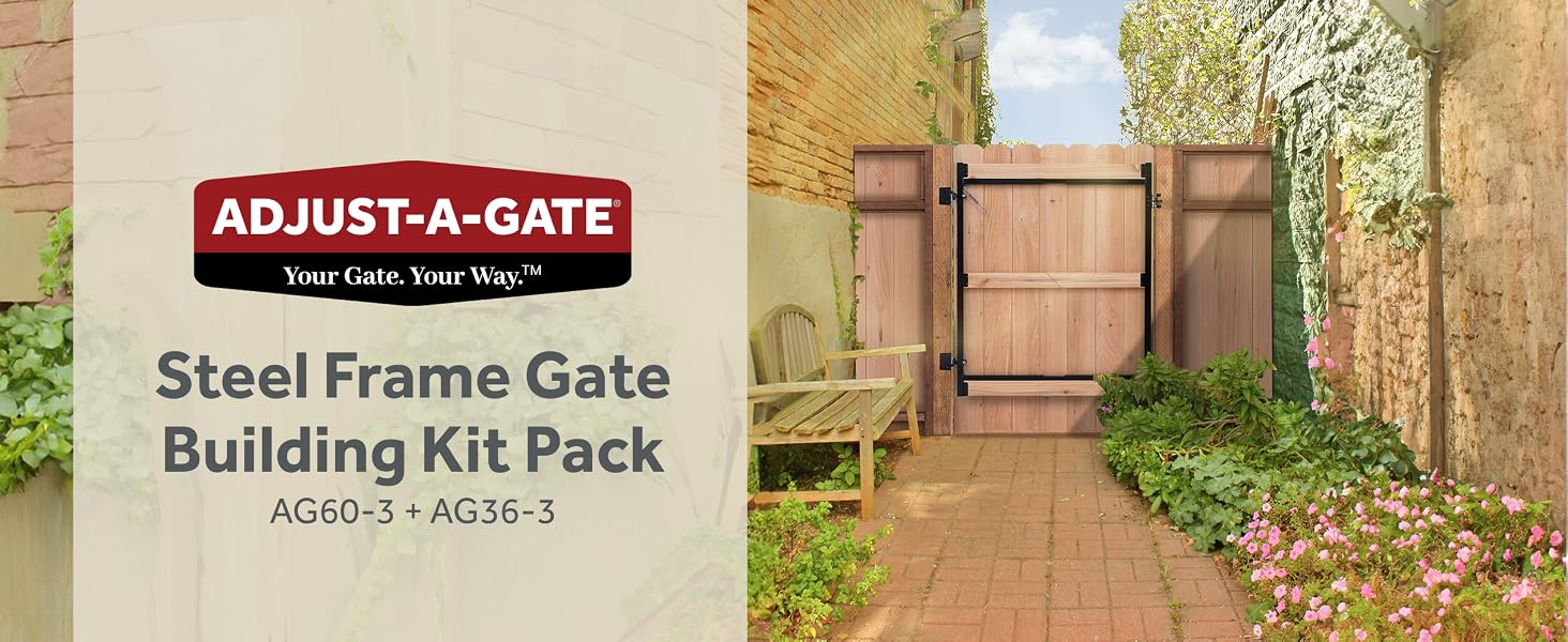 The Adjust-A-Gate logo on a translucent background. Text Reads: Steel Frame Gate Building Kit Pack.