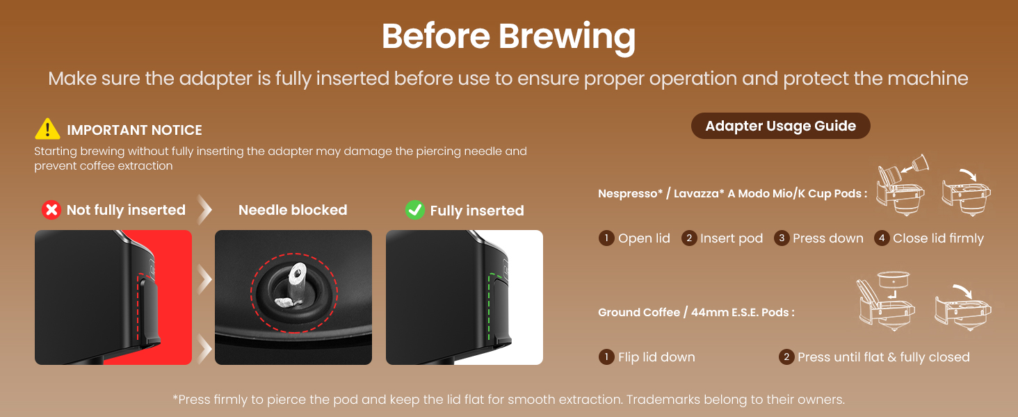 Adapter usage guide of a coffee machine, ensuring smooth extraction and preventing needle damage.