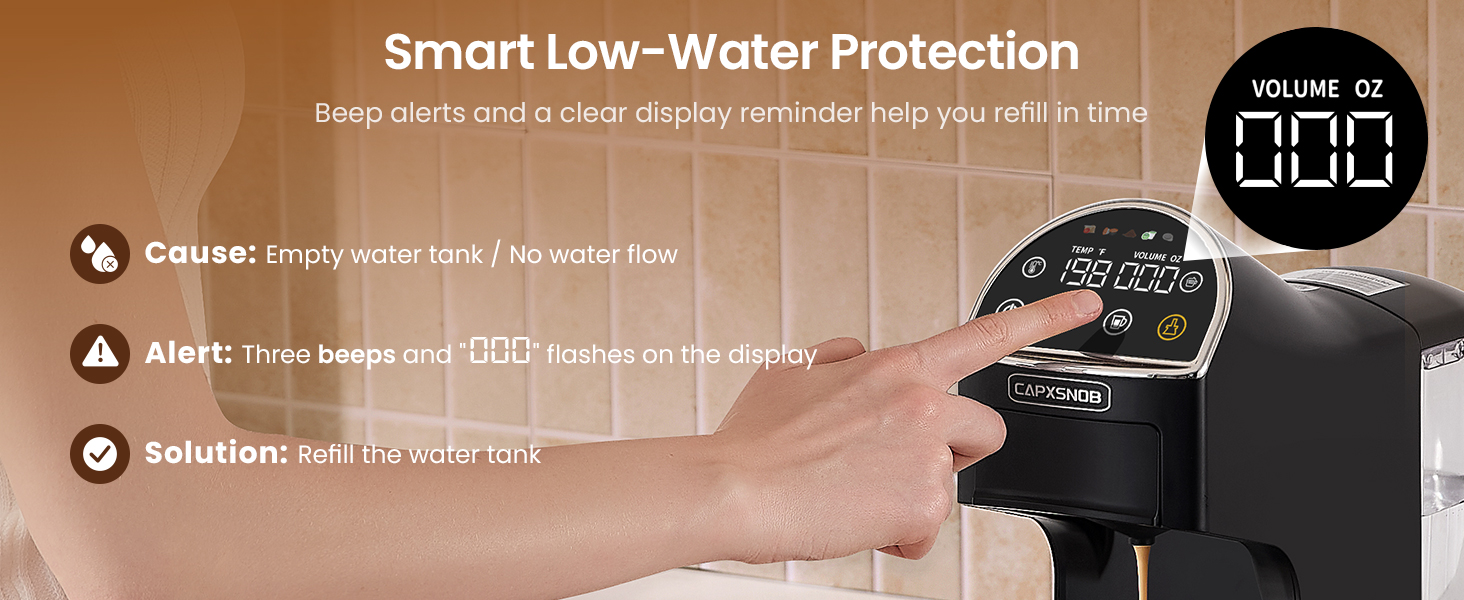 Water shortage alert on Magician2 Mini touchscreen, preventing loud dry-burning noise and damage