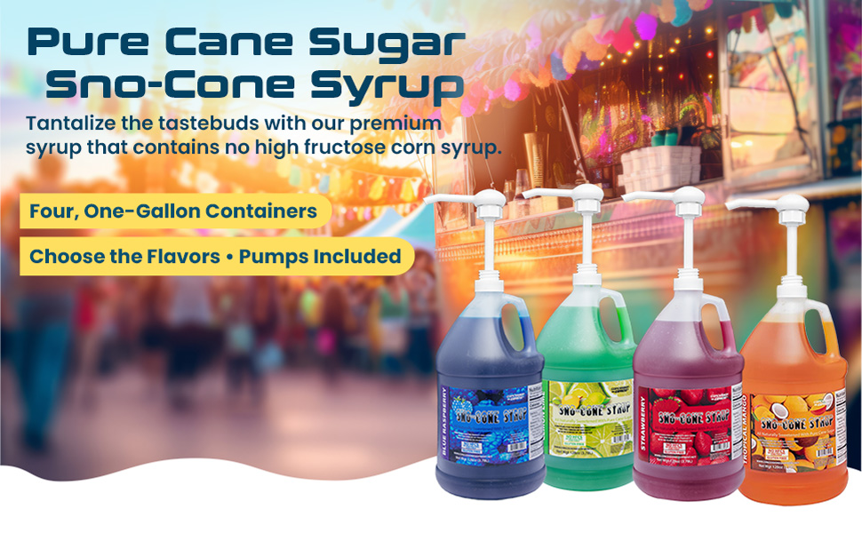 Pure Cane Sugar Sno-Cone Syrup Four One-Gallons with Pump Choose the Flavor