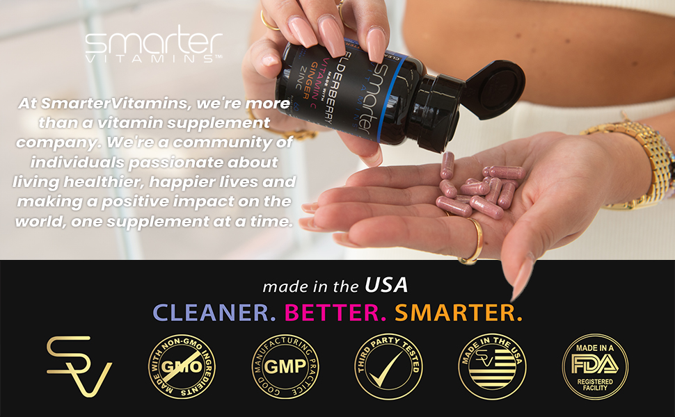 Woman pouring Smarter Elderberry into her hand. Made in the USA. Cleaner. Better. Smarter.