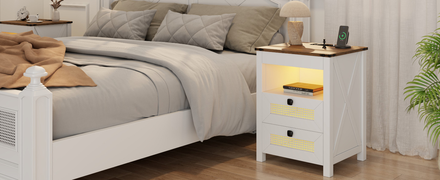 ACTKISS Night Stand with Gun Drawer, Rattan Bedside Table with Wireless Charging Station