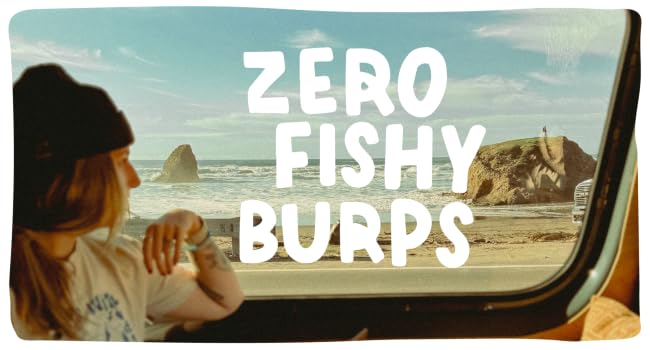 Person looking out van window at rocky beach with text Zero Fishy Burps promoting fish oils softgels