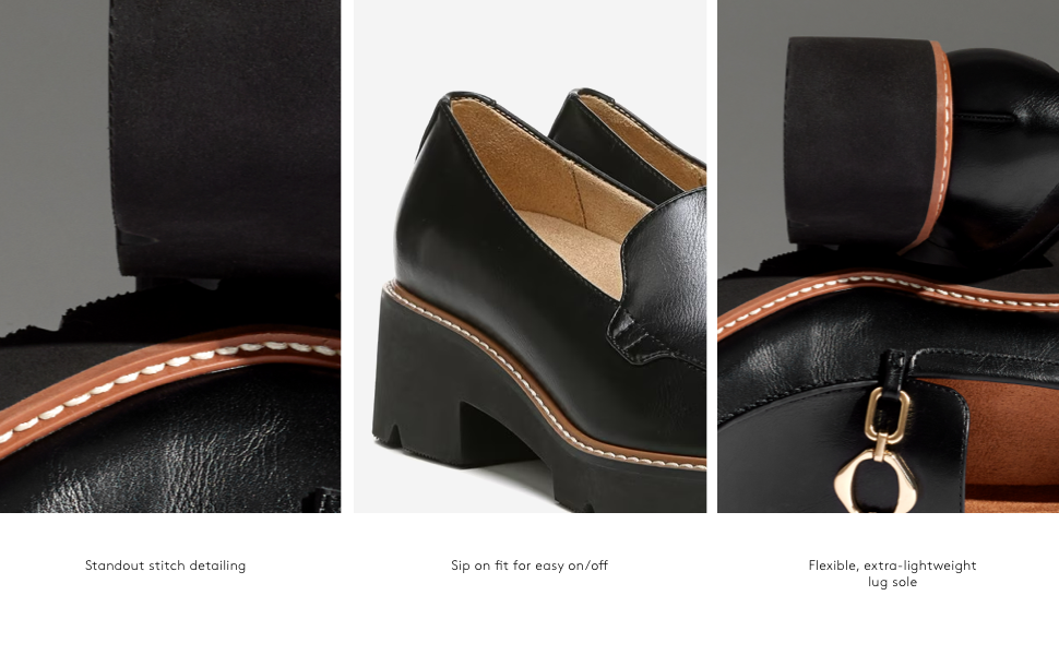Standout stitch detailing Slip on fit for easy on/off Flexible, extra-lightweight lug sole