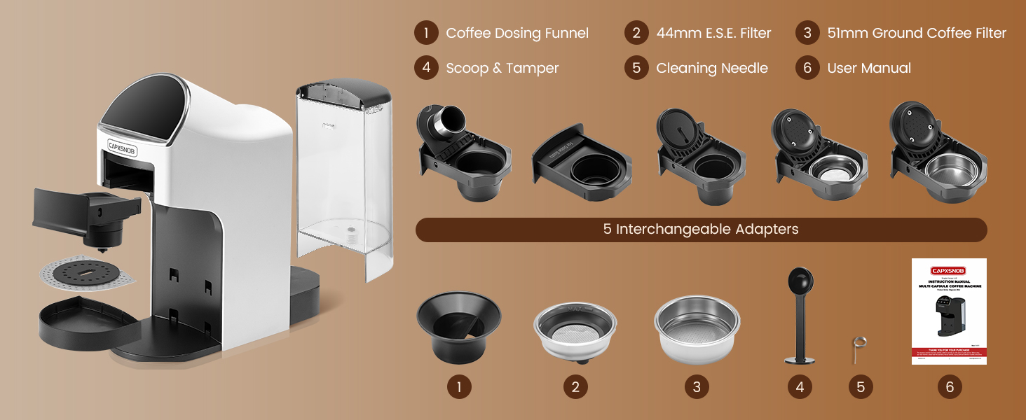 From drip tray pads to 5 adapters and complete accessories, everything is built for your comfort
