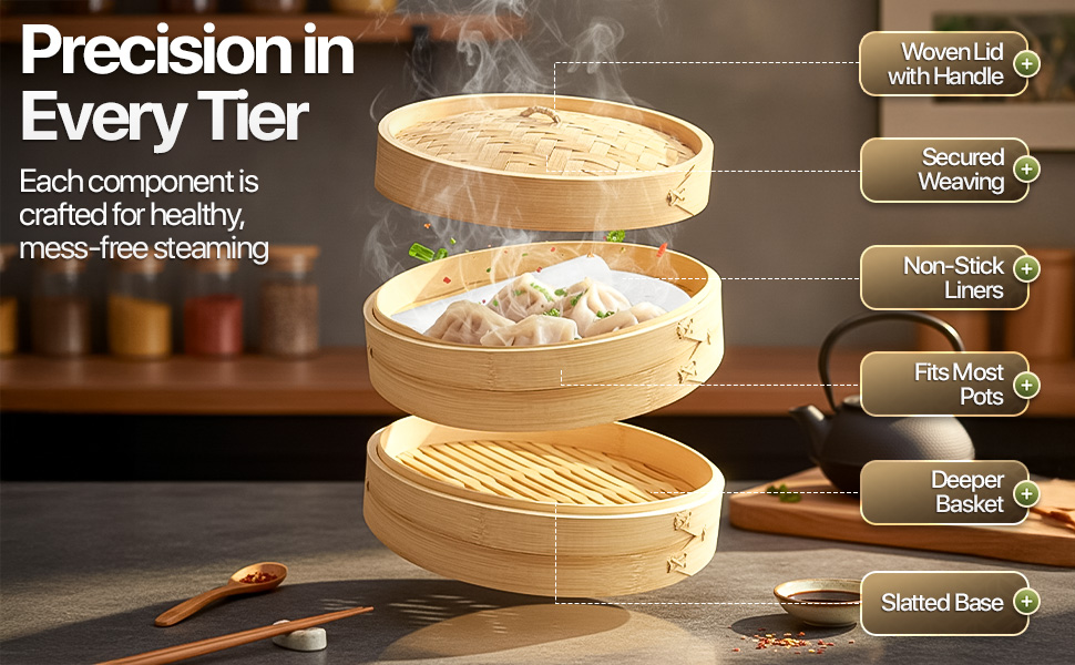 Three stacked bamboo tiers over a steaming pot in a cozy kitchen.