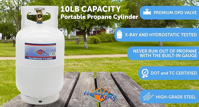 Flame King 10LB Empty Steel Propane Tank LP Cylinder, Type 1 OPD Valve, for Camping, Grills &amp; BBQs