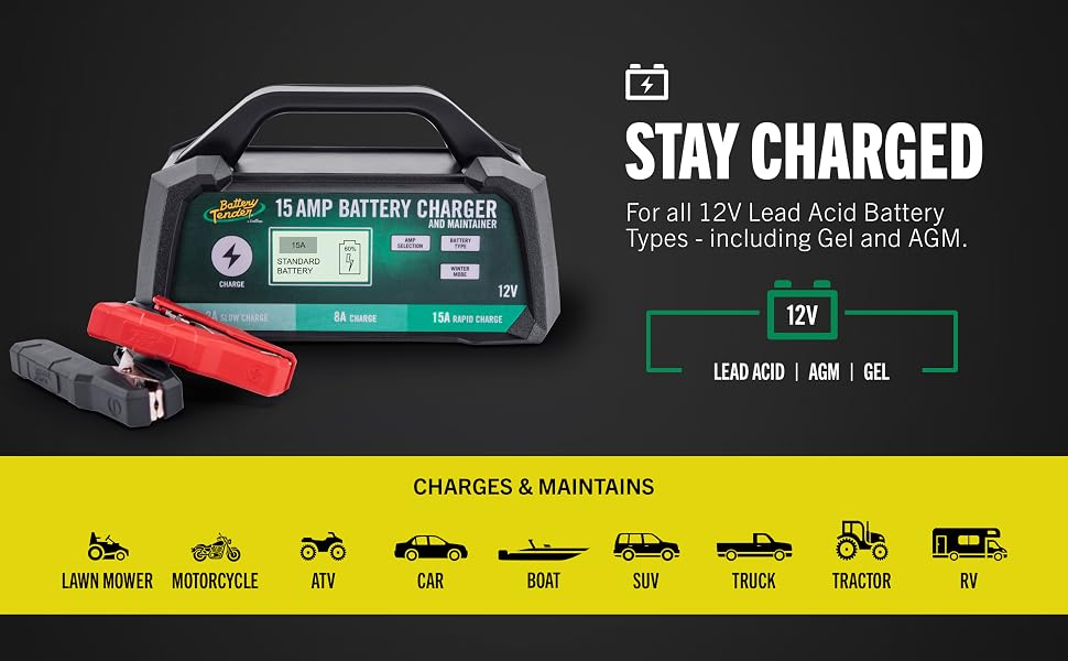 Battery Tender Battery Charger Maintainer 12V 15 AMP Selectable Gel AGM for Heavy Duty Equipment
