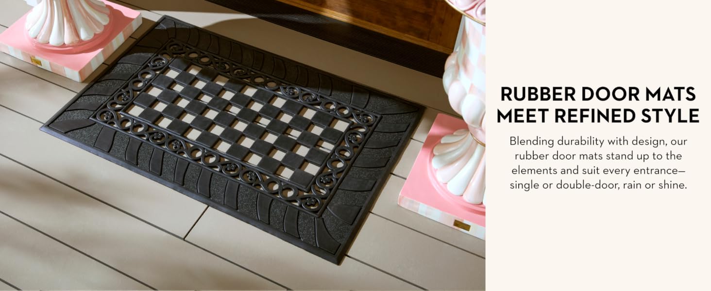 A Mackenzie-Childs rubber doormat. Text reads: Rubber doormats meet refined style.