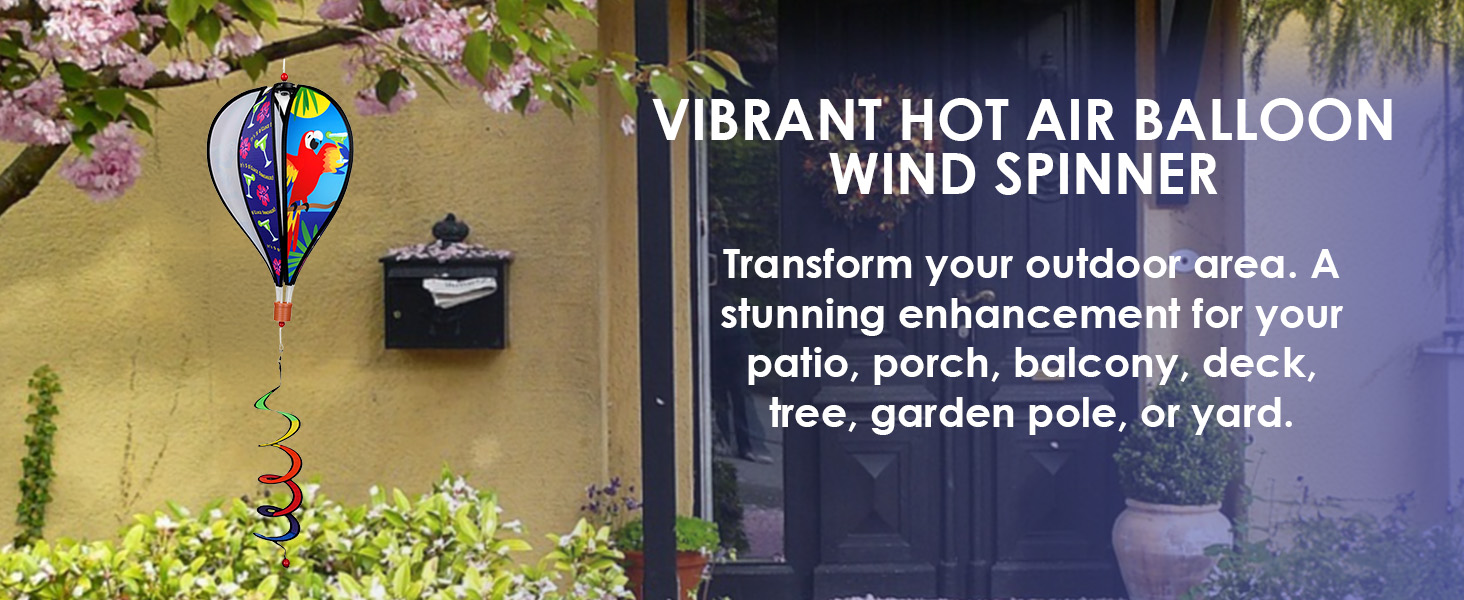 Kinetic garden ornament, outdoor hanging spinner, vibrant yard decor, wind-powered art installation