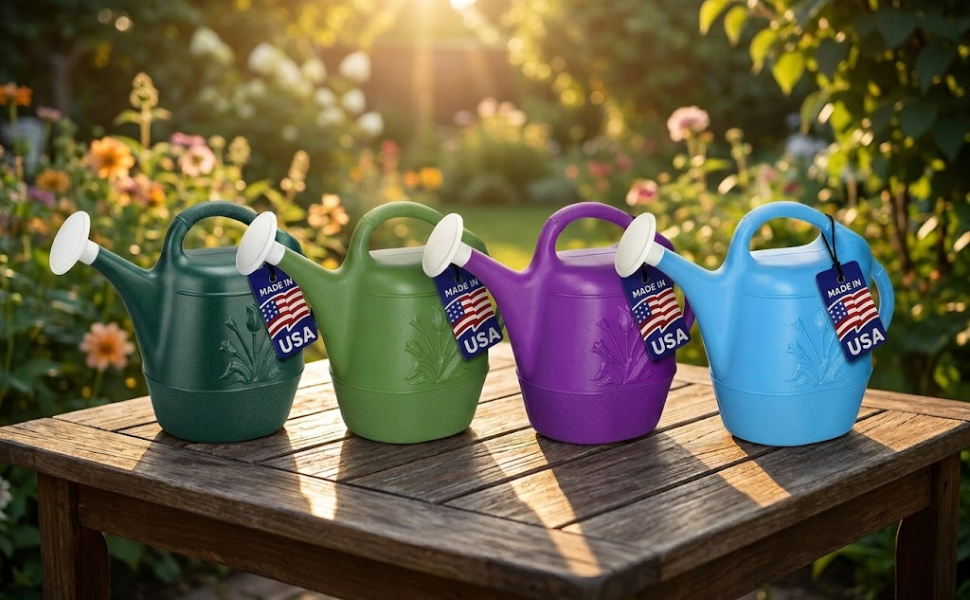 PMU 2 Gallon Watering Can Set of 4 Colors: Hunter Green, Sage Green, Purple, and Cyan Blue.