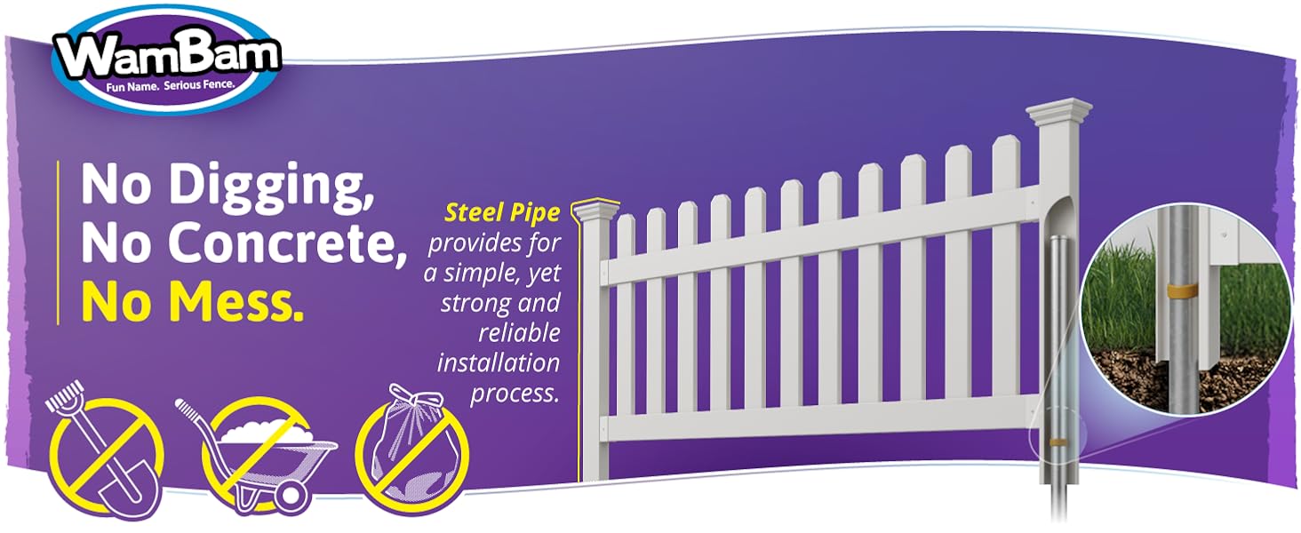 WamBam Fence vinyl fence with no-dig installation using ground-driven steel pipe posts