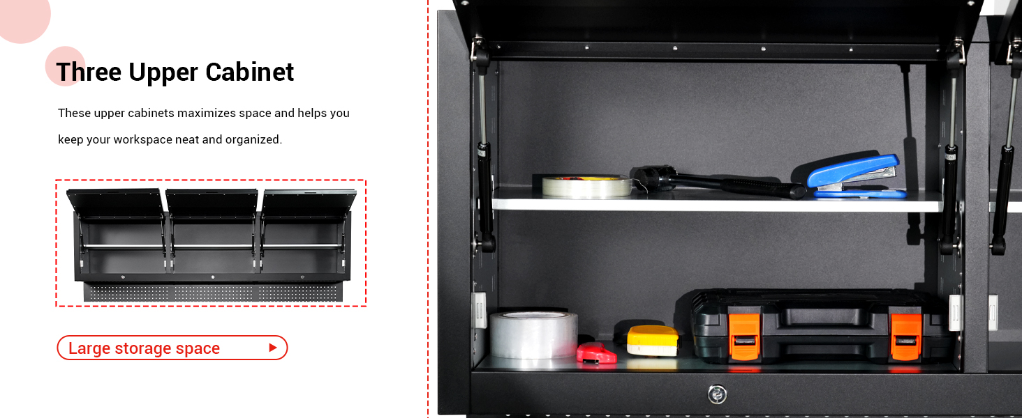 Detailed view of three upper cabinets, designed to store more items - keeping your space organized.