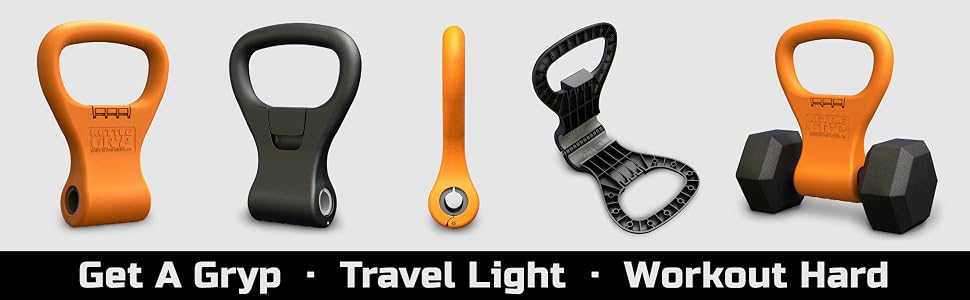 Kettle Gryp Handle Orange and Black Different Angles With and Without Dumbbell
