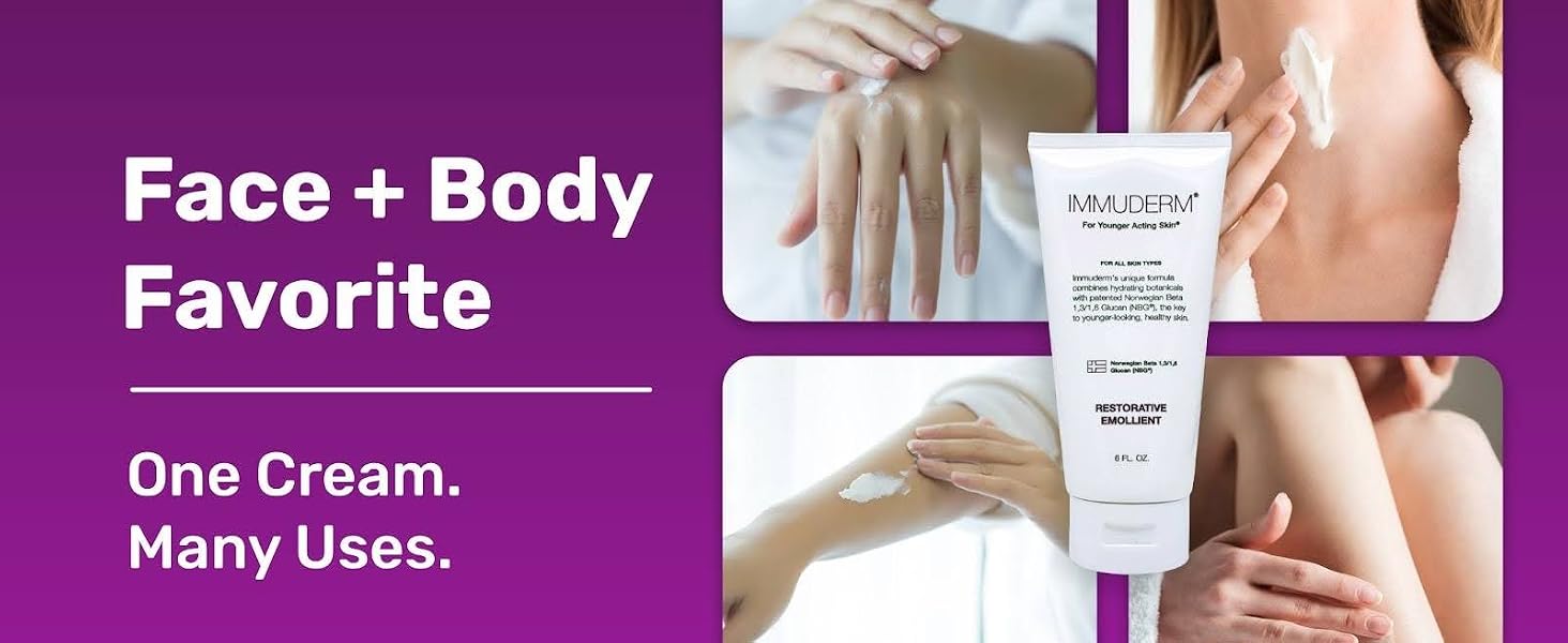 Immuderm multi-use face and body cream tube applied to hands, neck, arms, and legs.