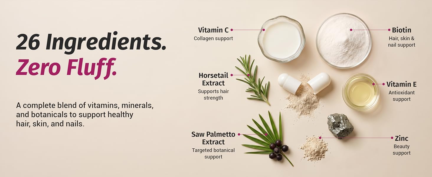 26-ingredient blend with biotin, vitamins, minerals, and botanicals for beauty support
